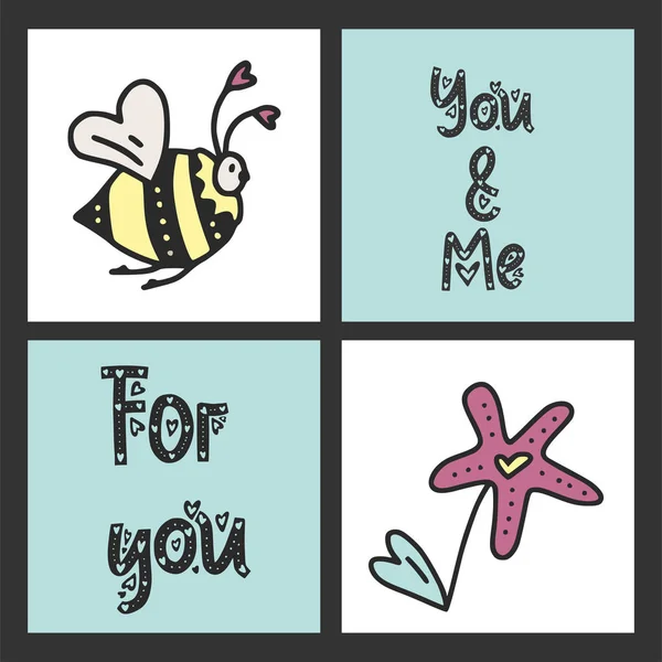 Conjunto de tarjetas vectoriales lindas para el Día de San Valentín con ilustraciones y mensajes de letras . — Archivo Imágenes Vectoriales