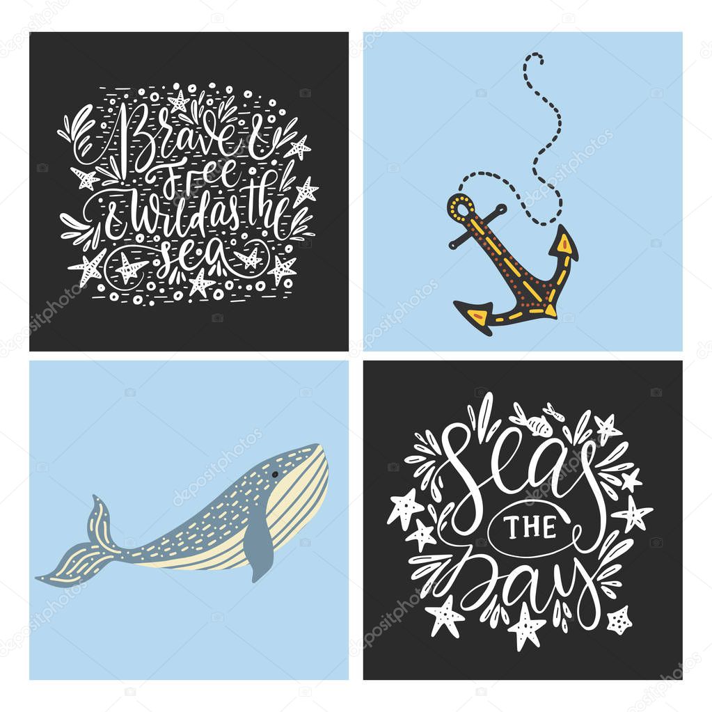 Vector sea cards set with handdrawn sea animals and ornate lettering pieces.