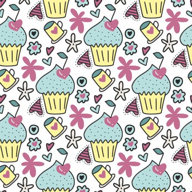 Tatlı kek ile vektör seamless modeli, Kalpler ve çiçekler şeklinde kiraz.