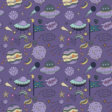Cosmos doodle illüstrasyonlar ile Seamless Modeli.