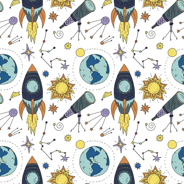 Seamless mönster med kosmos doodle illustrationer. — Stock vektor