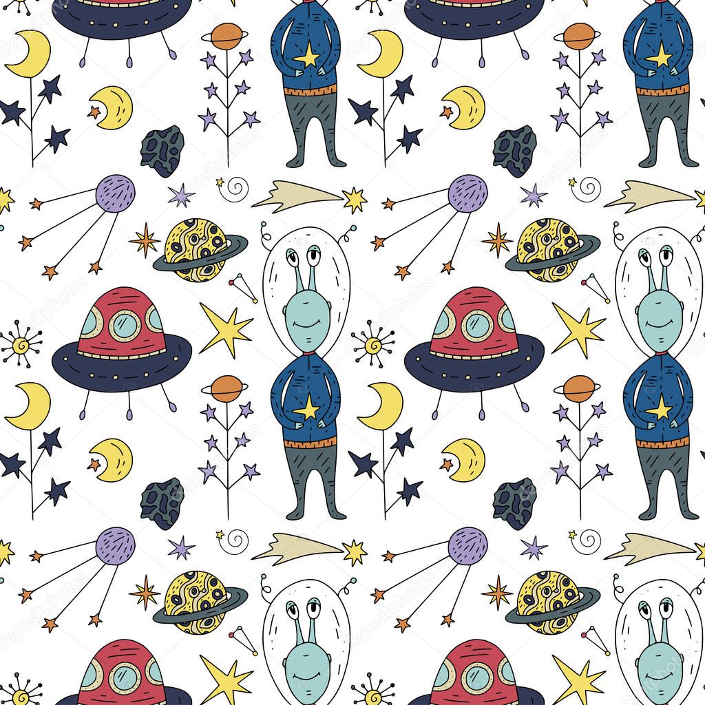Seamless pattern with cosmos doodle illustrations.