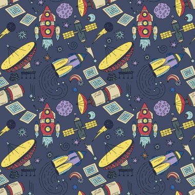 Cosmos doodle illüstrasyonlar ile Seamless Modeli.