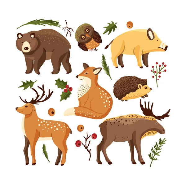 平底に描かれた手描きの森林動物. — ストックベクタ