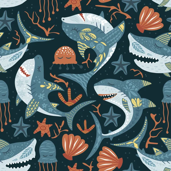 Grappige haaienvis patroon. — Stockvector