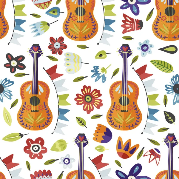 Gitar ve çiçeklerle kusursuz vektör deseni.