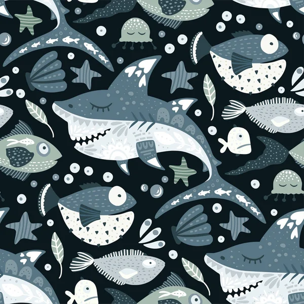 Grappige haaienvis patroon. — Stockvector