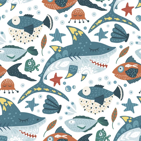 Funny shark fish Pattern. — Stock Vector