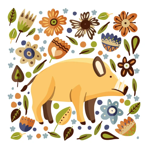 Wild boar woodland flat vector animal illustration. — Stock Vector