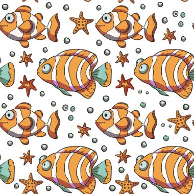 Balık ve denizyıldızı deniz vektör deseni.