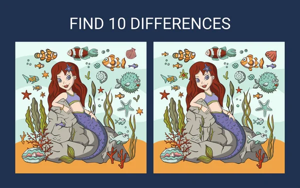 Find 10 differences. Mermaid sea game. — Stock vektor