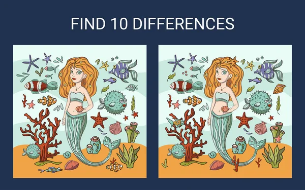 Find 10 differences. Mermaid sea game. — Stock vektor