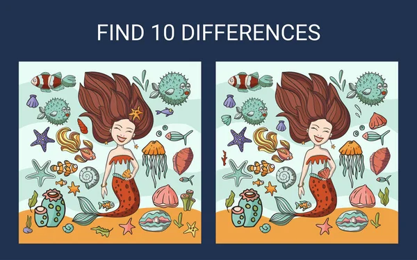 Find 10 differences. Mermaid sea game. — Stock vektor