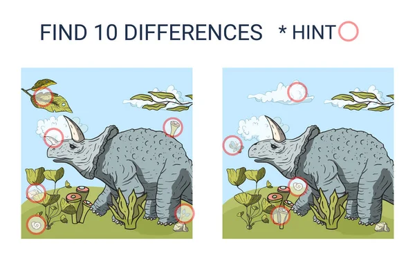Trova 10 differenze. Dinosauro dei cartoni . — Vettoriale Stock