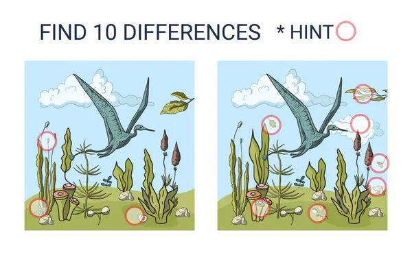 Trova 10 differenze. Dinosauro dei cartoni . — Vettoriale Stock