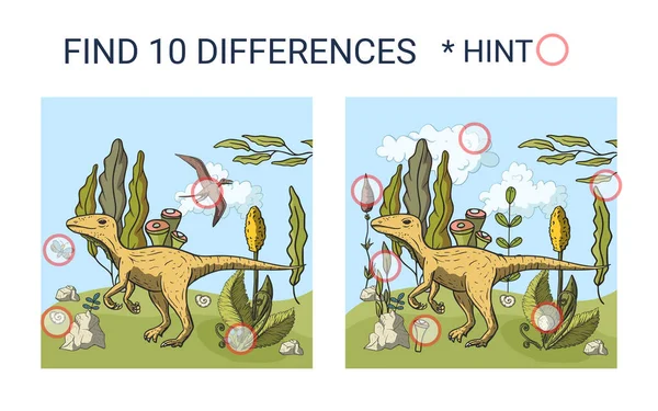 Trova 10 differenze. Dinosauro dei cartoni . — Vettoriale Stock