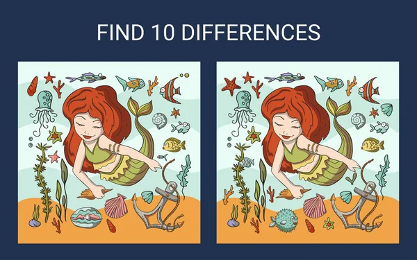 Найти 10 различий. Морская русалка . — стоковый вектор
