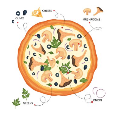 Italian cheese mushroom pizza vector.