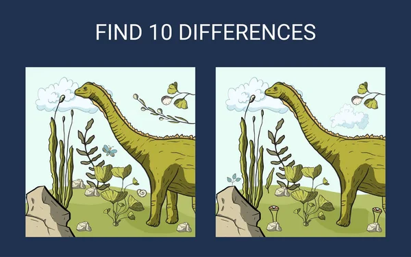 Find 10 differences. Cartoon dinosaur. — 스톡 벡터