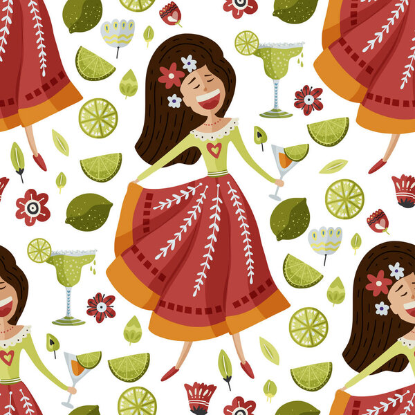 Mexican girl seamless vector pattern.