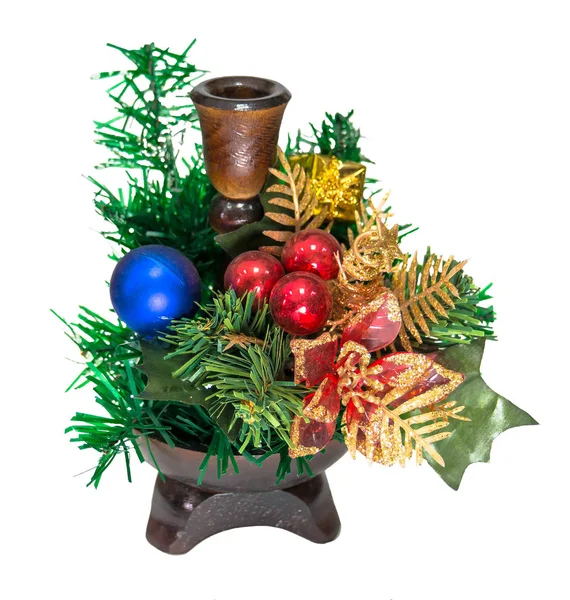 New Year Composition Candlestick Decorated Colored Balls Sprigs Spruce Isolated Stock Picture