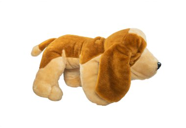 Yumuşak oyuncak. Kahverengi bir arkası ve beyaz pençeleri ile peluş köpek. Ayakta. Beyaz arka plan üzerinde izole.