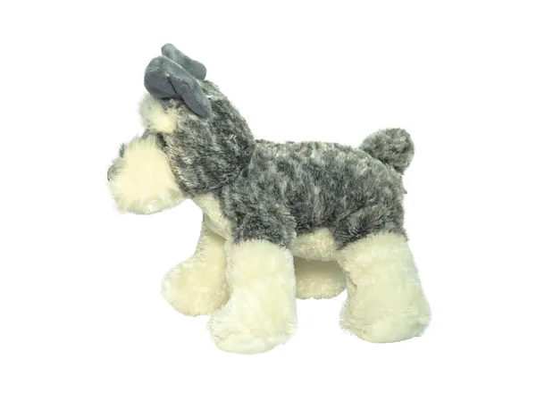 Yumuşak oyuncak. Gri bir arkası ve beyaz pençeleri ile a küçük köpek. Ayakta. Beyaz arka plan üzerinde izole.