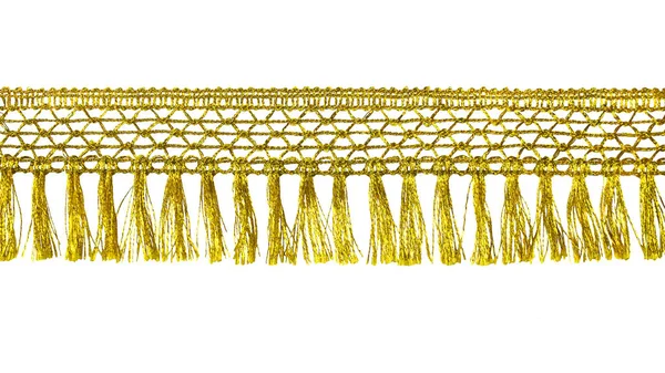 Püsküller sarı renktedir, püsküller ve dokuma açılışıyla birlikte. Beyaz bir arka planda izole edilmiş. Dekor, tasarım, dekorasyon, doku.