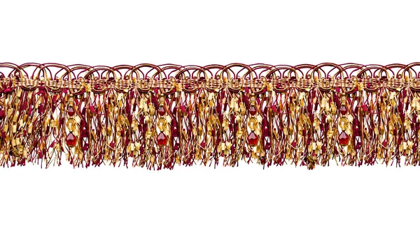 Bu püsküller çok renkli. Sarı ve bordo ipliklerden örülmüş. Renkli taşlarla sıralanmış. Beyaz bir arkaplanda izole edilmiş.