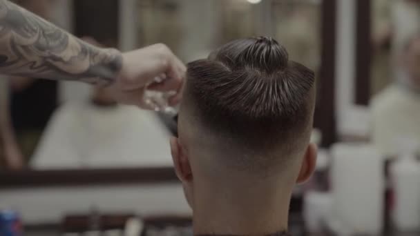 De klant krijgt een knipbeurt in een kapperszaak. Mens haarverzorging. — Stockvideo