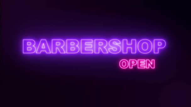 Natt neon skylt frisersalong. Öppen barbershop neon text. — Stockvideo