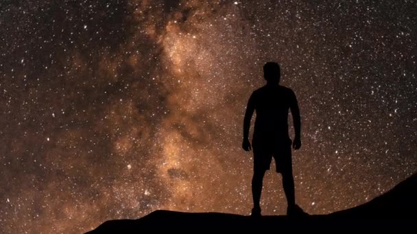 Człowiek patrzący w gwiazdy. Samotny człowiek patrzący na gwiaździste niebo. Nocne niebo. — Wideo stockowe