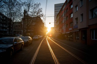 Köln, Almanya. Akşam güneşi köprü günbatımında aydınlatır.