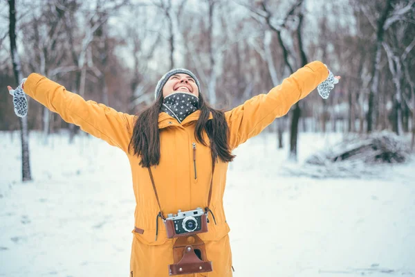 Stylish woman photographer with retro camera — Stock Photo, Image