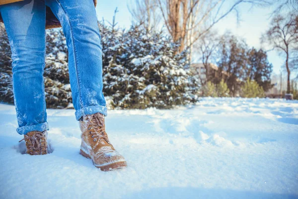 Andando na neve no dia de inverno — Fotografia de Stock