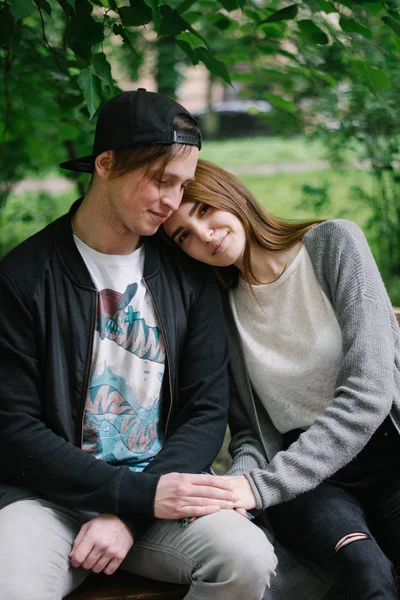 Happy young beautiful caucasian couple hugging — Stock Photo, Image