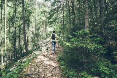 Karpat içinde yürüyüş sırt çantası ile genç bayan uzun yürüyüşe çıkan kimse