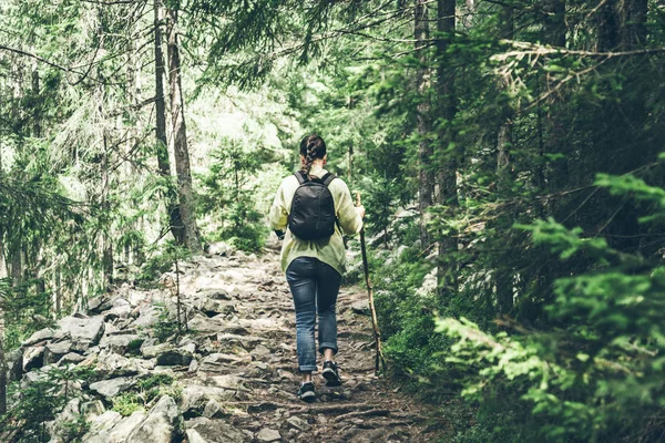 Giovane escursionista donna con zaino a piedi in carpatico — Foto Stock