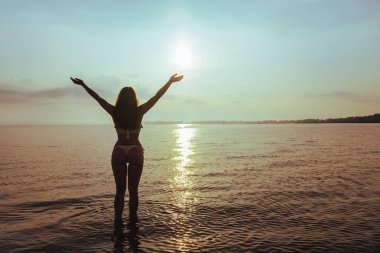 sweemuit seksi eşek ile sahilde duran kadın