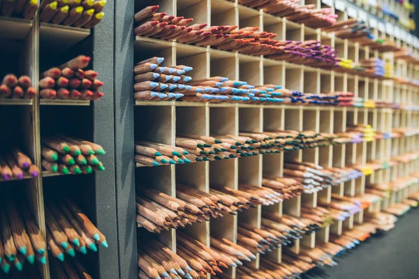 big amount of pencils on the shelf