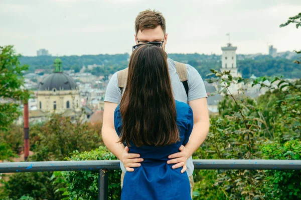 Couple with european city on background — Stock Photo, Image