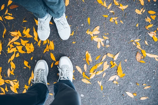 Paar benen bovenaanzicht met grond en gele bladeren — Stockfoto