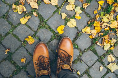 adam sarı yaprakları ile üstten görünüm çizme