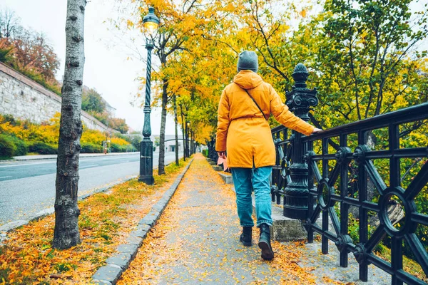 Donna che cammina su una strada piena di foglie gialle durante l'autunno — Foto Stock