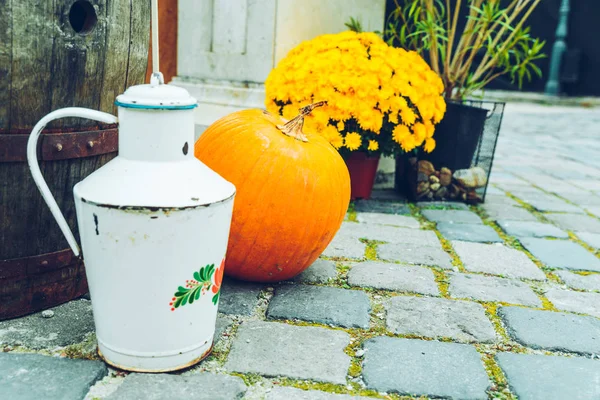 Pumpkin with flowers outside — Stock Photo, Image