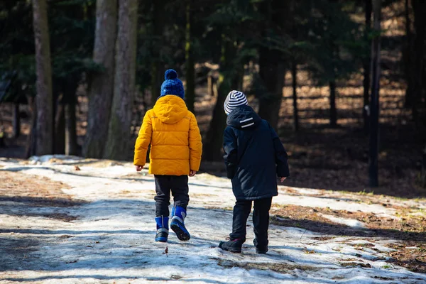 Dois meninos em roupas de inverno andando pelo parque nevado — Fotografia de Stock