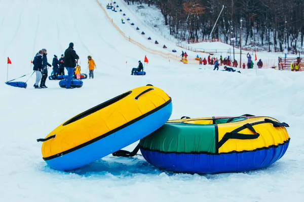 Snow tubing rings close up. hill on background — Stock Photo, Image