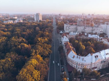aerial view of autumn city park on sunset