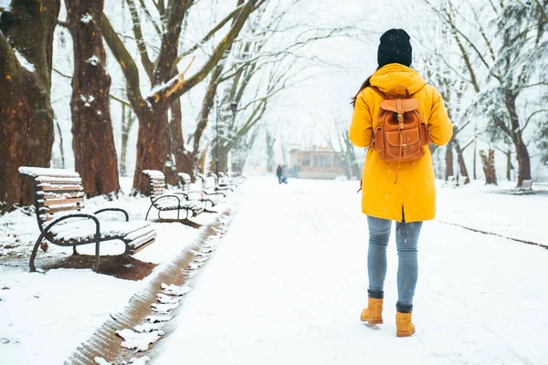 Femme marchant par le parc de la ville enneigée. vue de derrière. sac à dos . — Photo