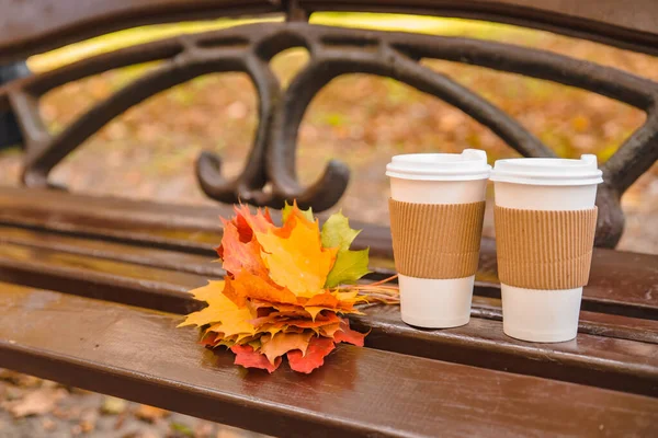 Twee koffie kopjes in het City Bench Park met een boeket van gele esdoorn blaadjes — Stockfoto